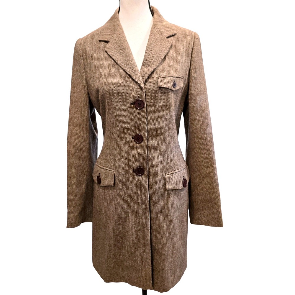 Vintage 90s F Company Herringbone Tweed Long Coat Juniors 3 Brown Red Lined